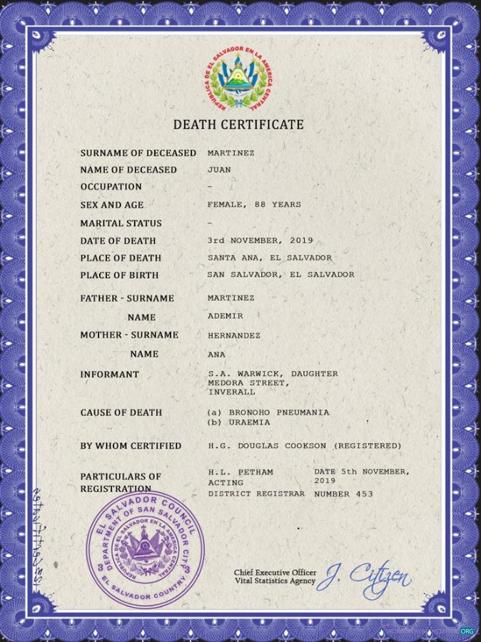 Download El Salvador vital record death certificate PSD template Photoshop template